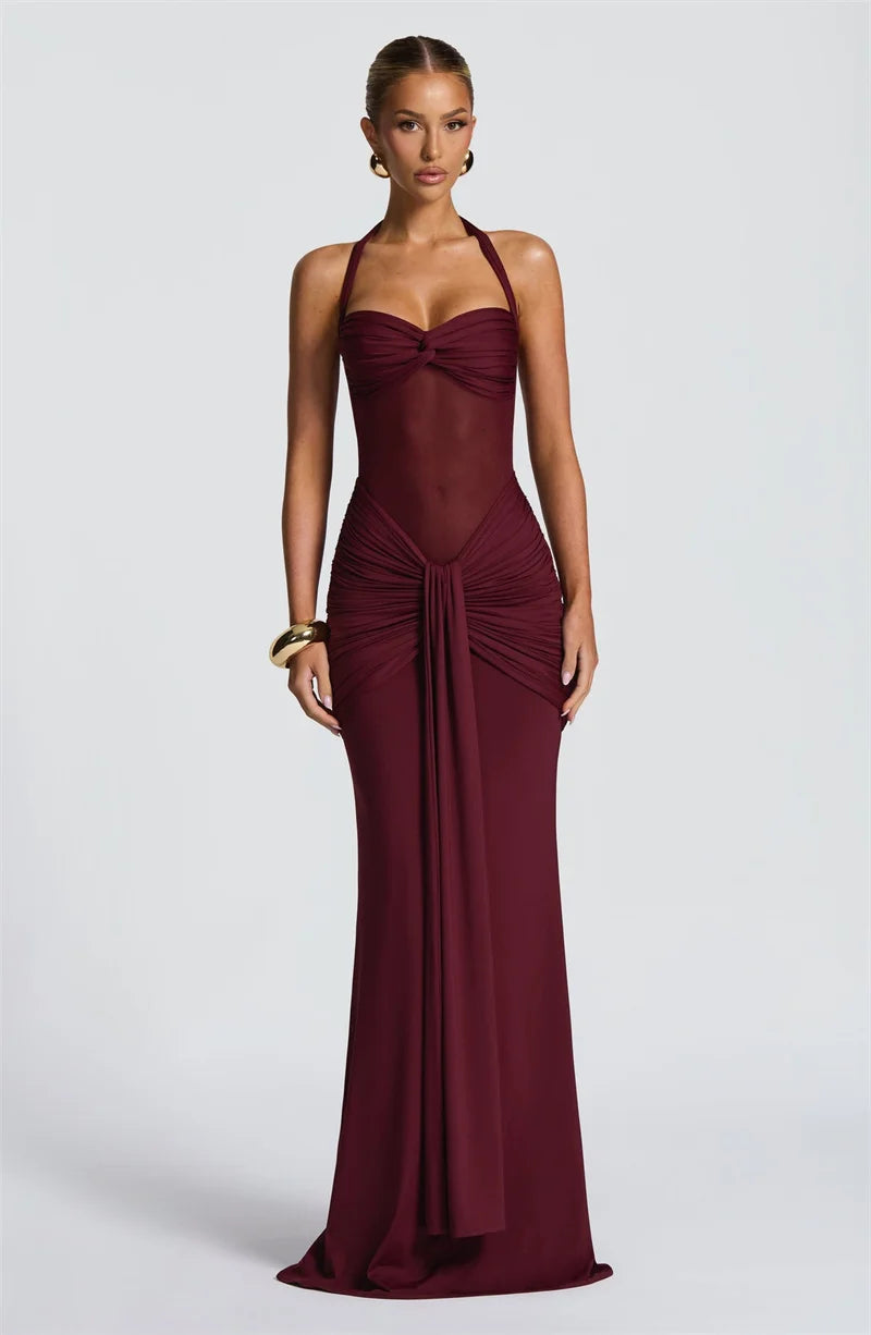 Women’s Halter Backless Maxi Dress – Off-Shoulder Ruched Bodycon Club Party Gown