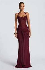 Women’s Halter Backless Maxi Dress – Off-Shoulder Ruched Bodycon Club Party Gown