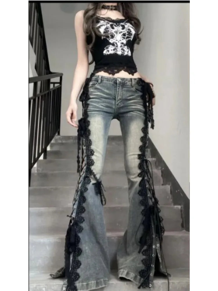 Retro Eyelet Lace-Up Flare Jeans