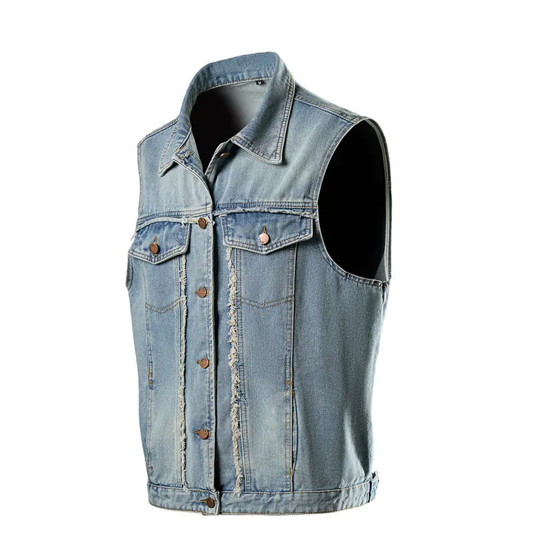 Unisex Retro Hong Kong Style Denim Vest Casual Fashion Sleeveless Waistcoat Trendy Loose Streetwear Outerwear Vest Tops Men