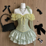 Japanese Sweet Preppy Style 2 Piece Set Women Kawaii Lace Patchwork Bow Tops + Y2k Plaid Mini Skirt Elegant Fashion Outifits New