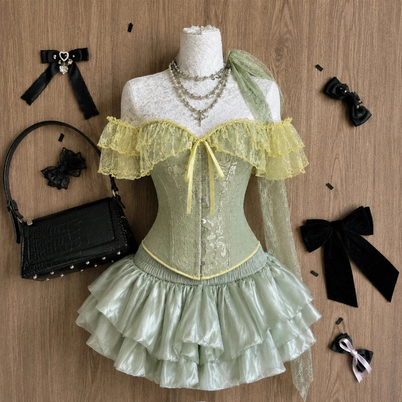 Japanese Sweet Preppy Style 2 Piece Set Women Kawaii Lace Patchwork Bow Tops + Y2k Plaid Mini Skirt Elegant Fashion Outifits New