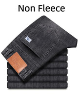 Men's Winter Fleece Thicken Lightweight Business Straight Leg Jeans Solid Color Versatile Slight Elastic Long Pants