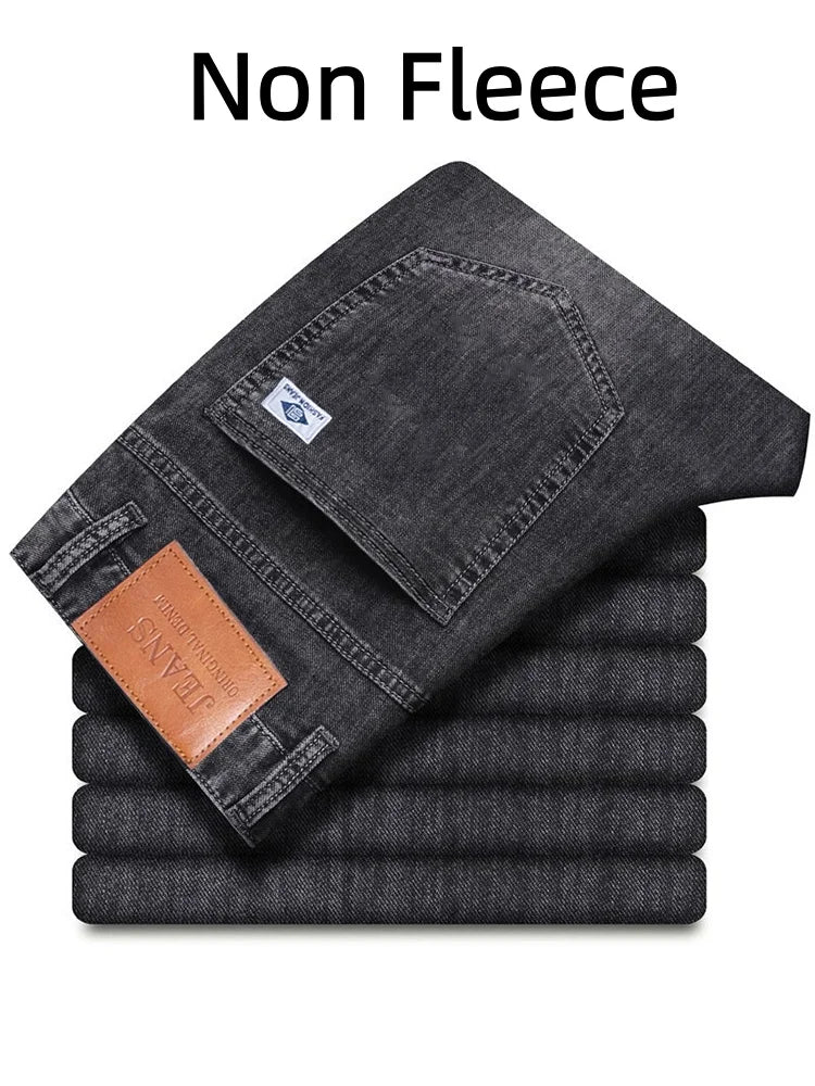 Men's Winter Fleece Thicken Lightweight Business Straight Leg Jeans Solid Color Versatile Slight Elastic Long Pants