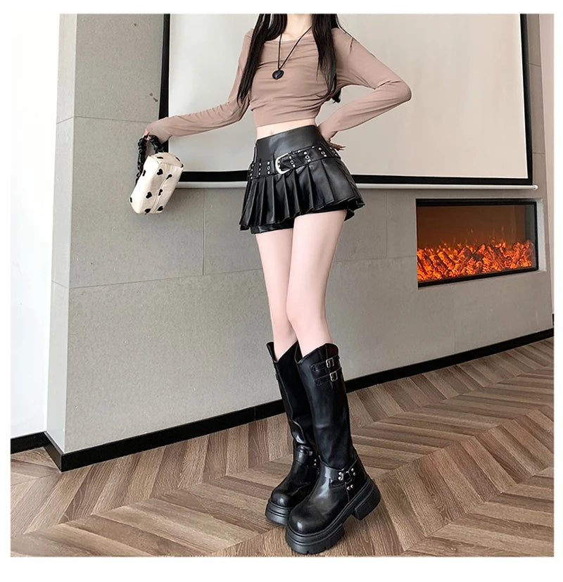 Women's Black Gothic Pleated Faux Leather Mini Skirt