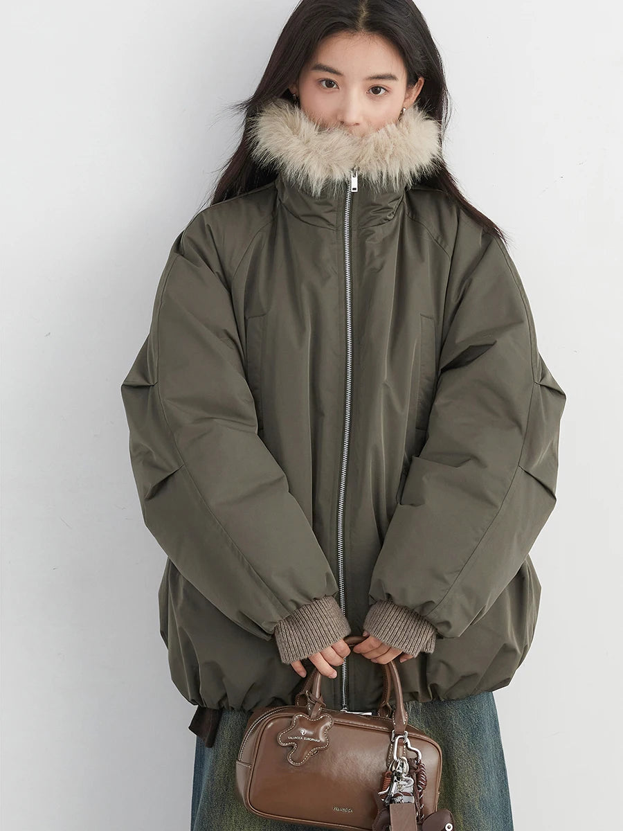 Women's Hooded Down Jacket with Faux Fur Collar