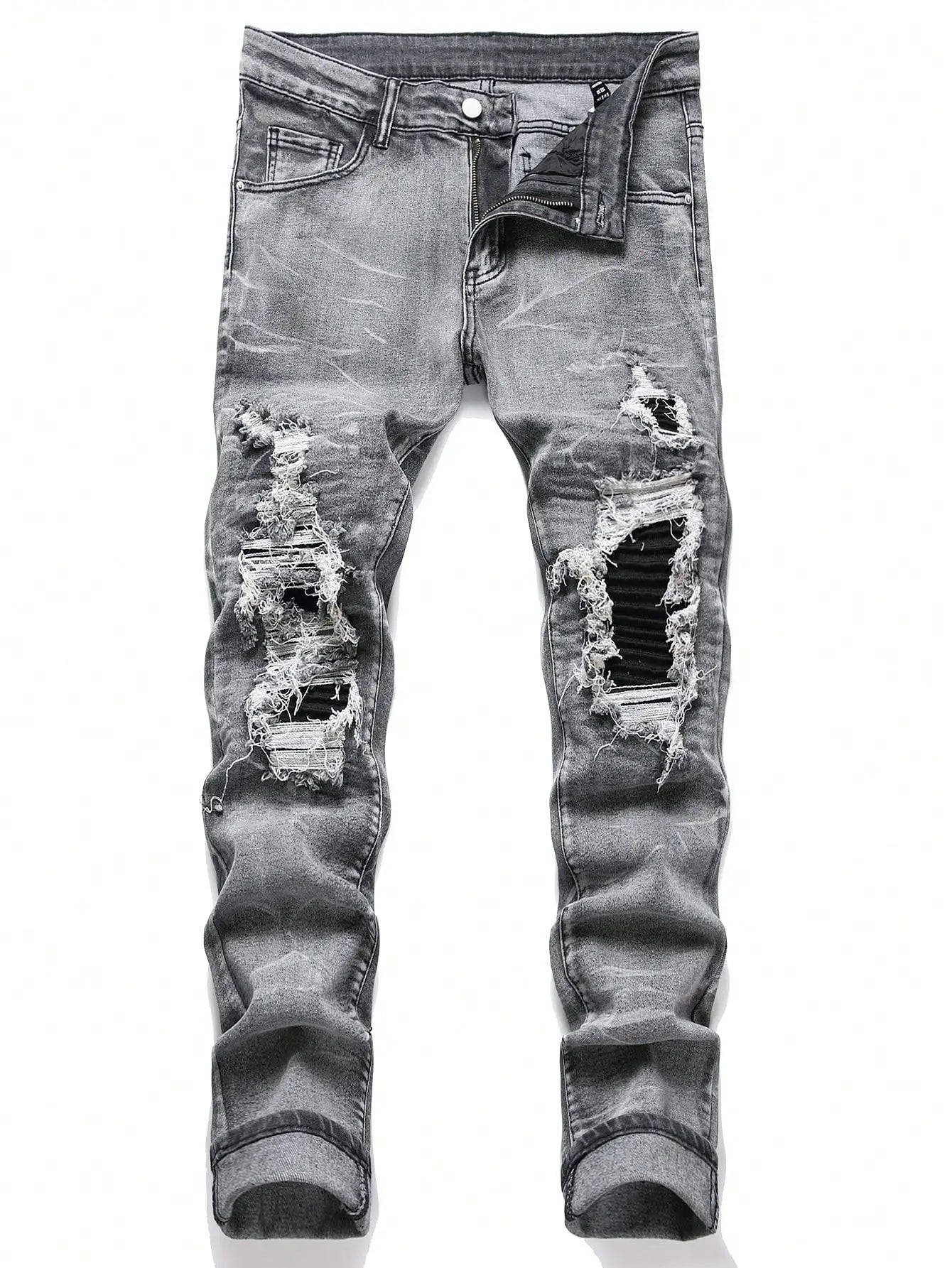 Men's Ripped Patchwork Stretch Denim Jeans | Streetwear