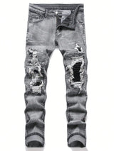 Men's Ripped Patchwork Stretch Denim Jeans | Streetwear
