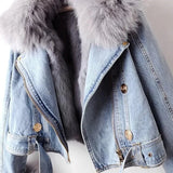 Winter Denim Jacket - Faux Fox Fur Collar & Rabbit Hair Lining Parka