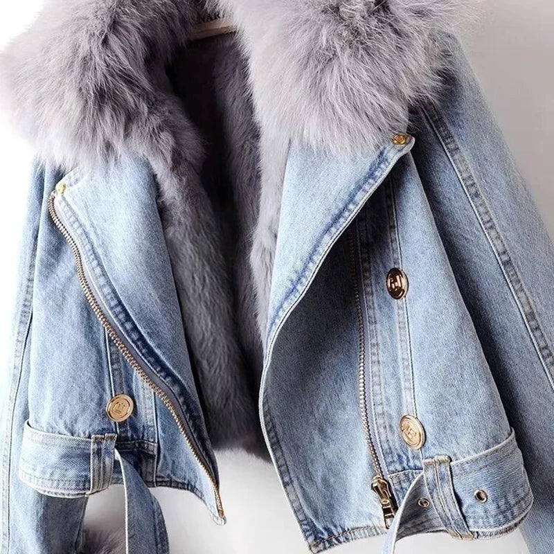 Winter Denim Jacket - Faux Fox Fur Collar & Rabbit Hair Lining Parka