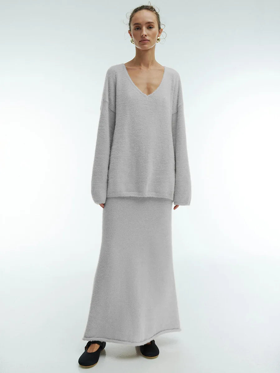 Women's V-Neck Knitted Sweater & Ankle-Length Skirt 2-Piece Set