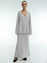 Women's V-Neck Knitted Sweater & Ankle-Length Skirt 2-Piece Set