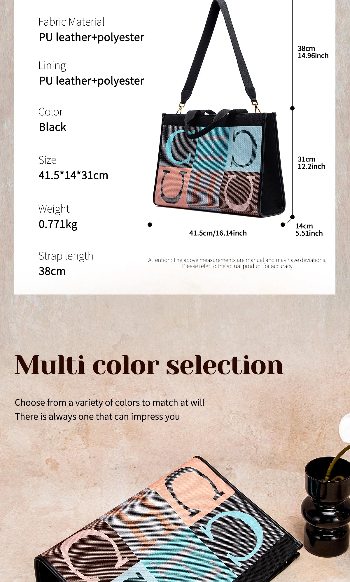 CHCH Women's Tote Bag New Letter Eco friendly Large Capacity Handbag Mommy Shopping Bag 42 * 12 * 31cm