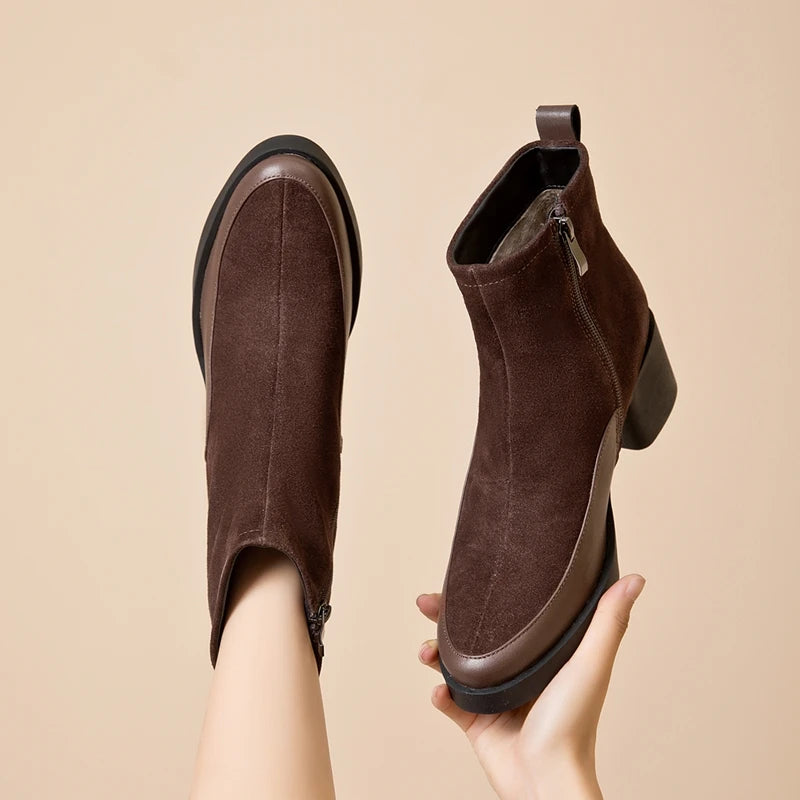 AIYUQI 2026 New Women's Short Boots Genuine Leather Chunky Heel High Heel Boots Female Large Size Pointed Toe Women Ankle Boots