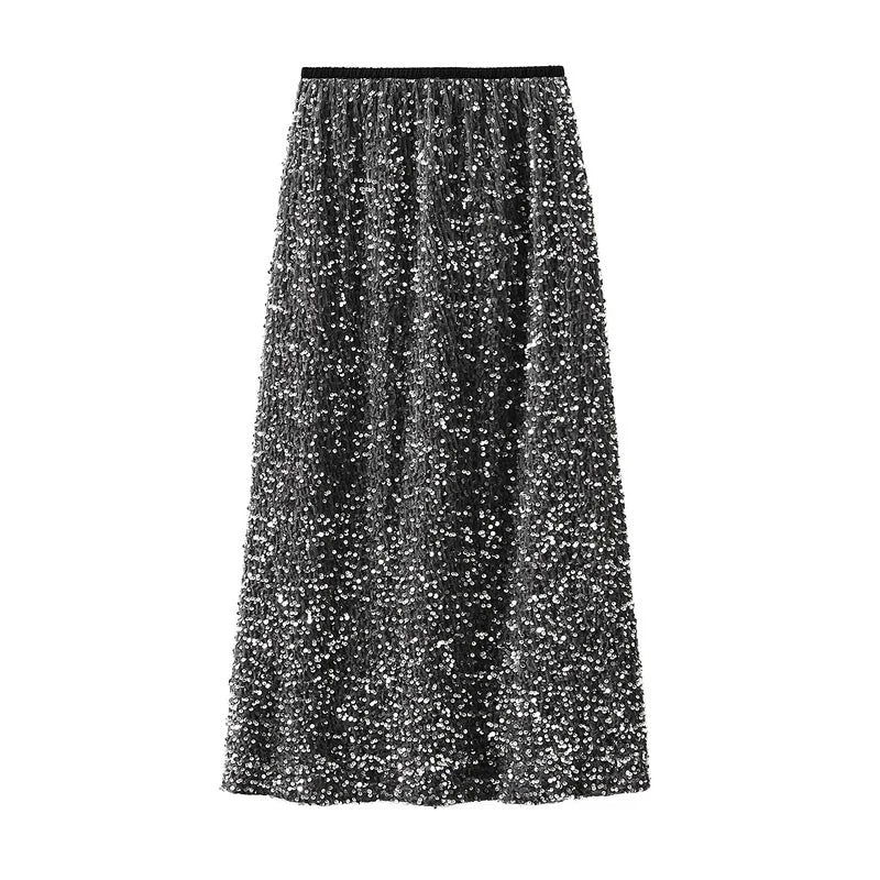 High Waisted Sequin Maxi Skirt Women Elegant Shiny Straight Skirts With Slit Summer Spring Black Long Sequin Skirt For Women