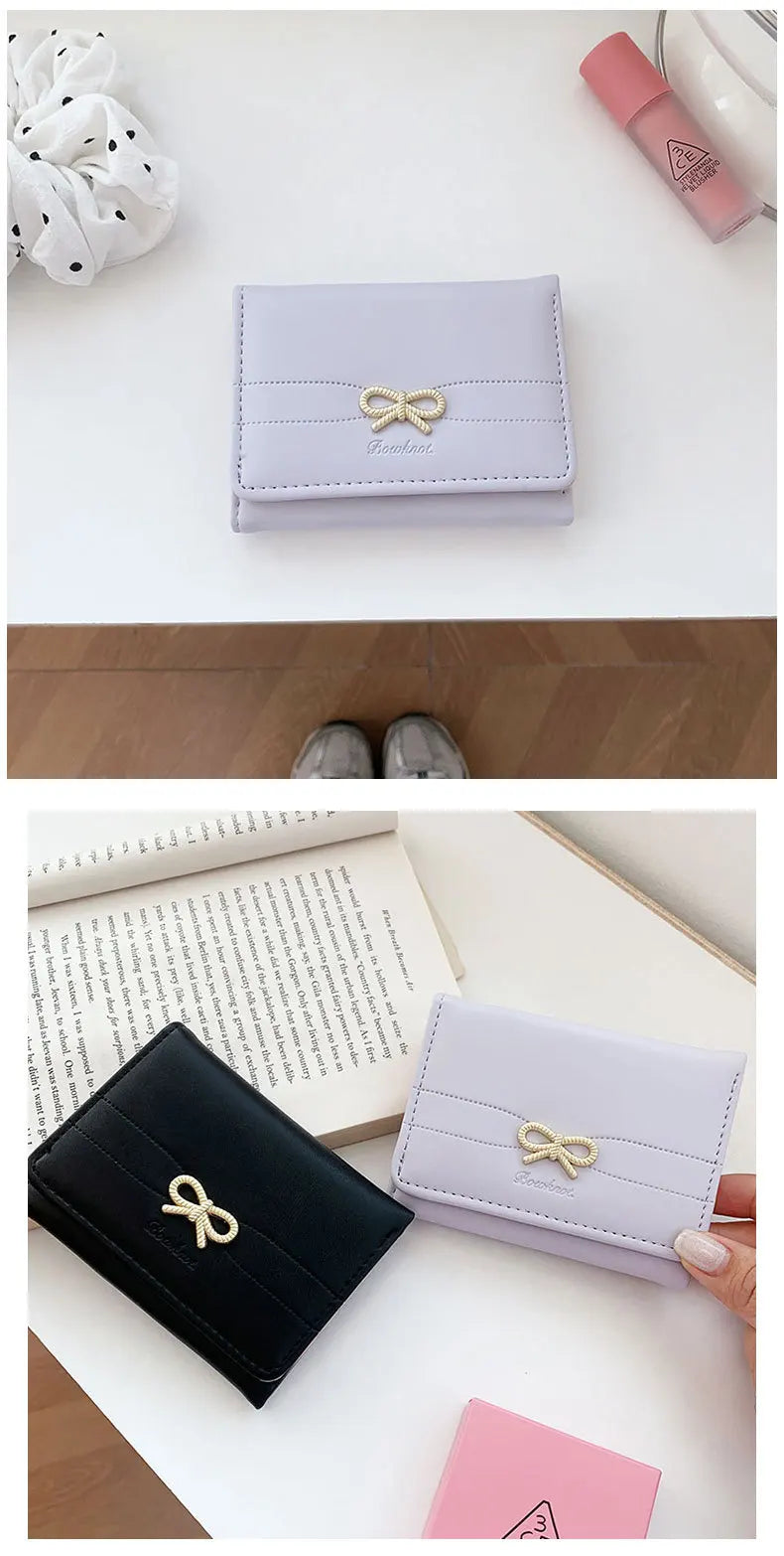 Fashion Wallets Girls Cute Bow Small Wallet Aesthetic Card Holder Classic Three Fold Purse For Women Student Simple Coin Pouch