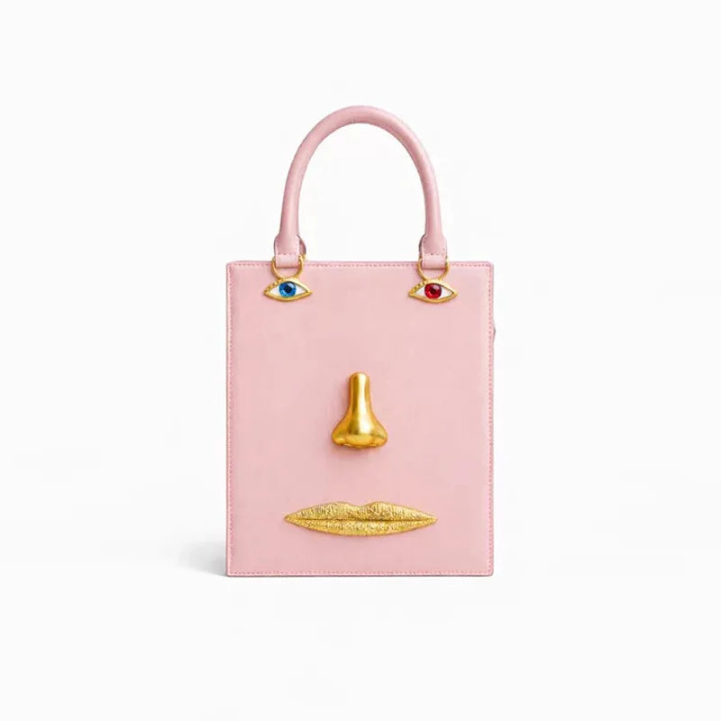 Face Bag Women High Quality Black Leather Luxury Brands Handbag Jewelry Eyes Gold-tone Metal Shoulder Strap Crossbody Bags