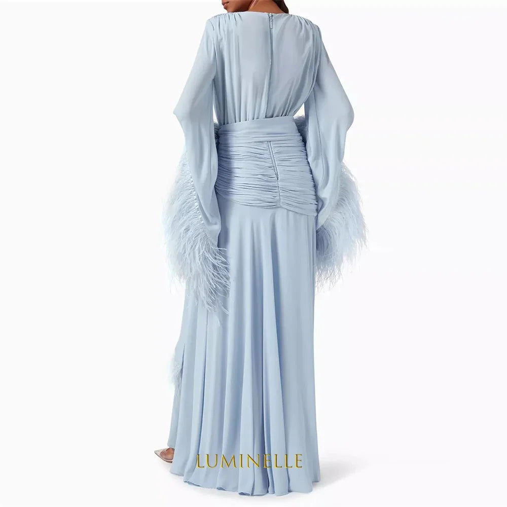 Customized V-Neck Side High Slit A-Line Prom Dresses Long Sleeve Elegant Evening Gowns Cascading Ruffle Party Dresses 2026
