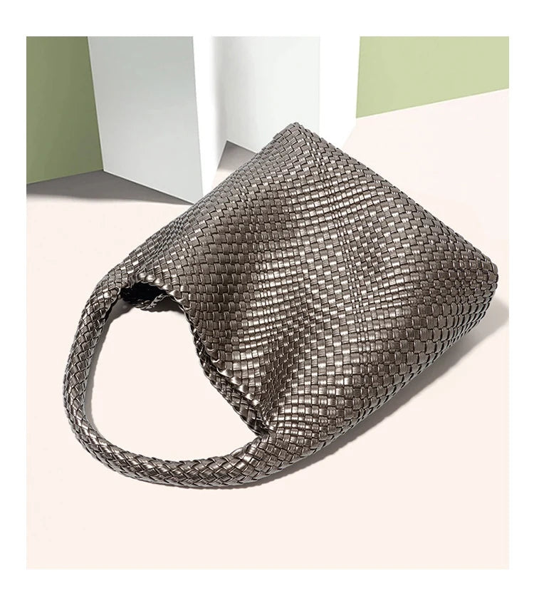 2025 Women Bag Luxury PU Leather Handbag Lady Fashion Handmade Knitting Tote Female Hand-woven Basket Shoulder Bag with Purse