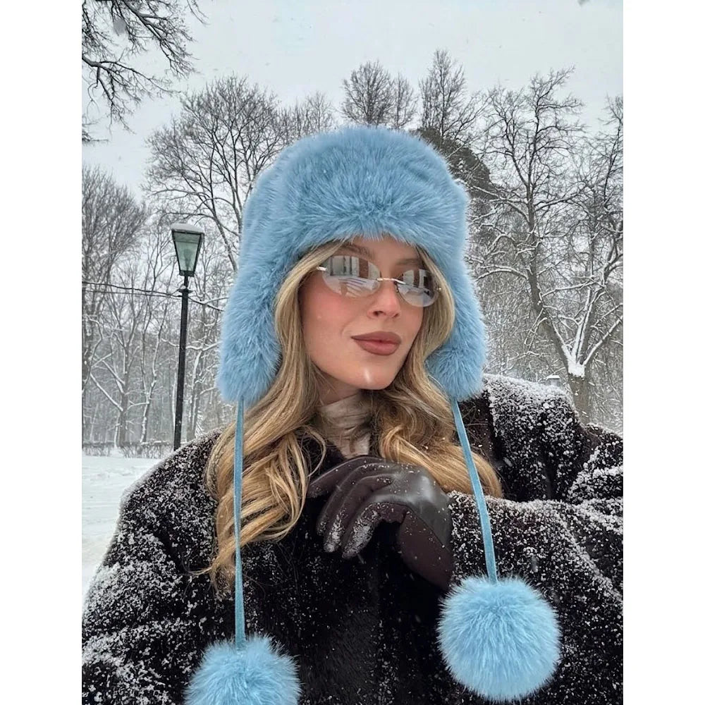 INS Fluffy Faux Fur Trapper Hat Women Pompom Ties Russian Ushanka Earflap Cap Bomber Hat Winter Ski Beanie Bonnet Accessories