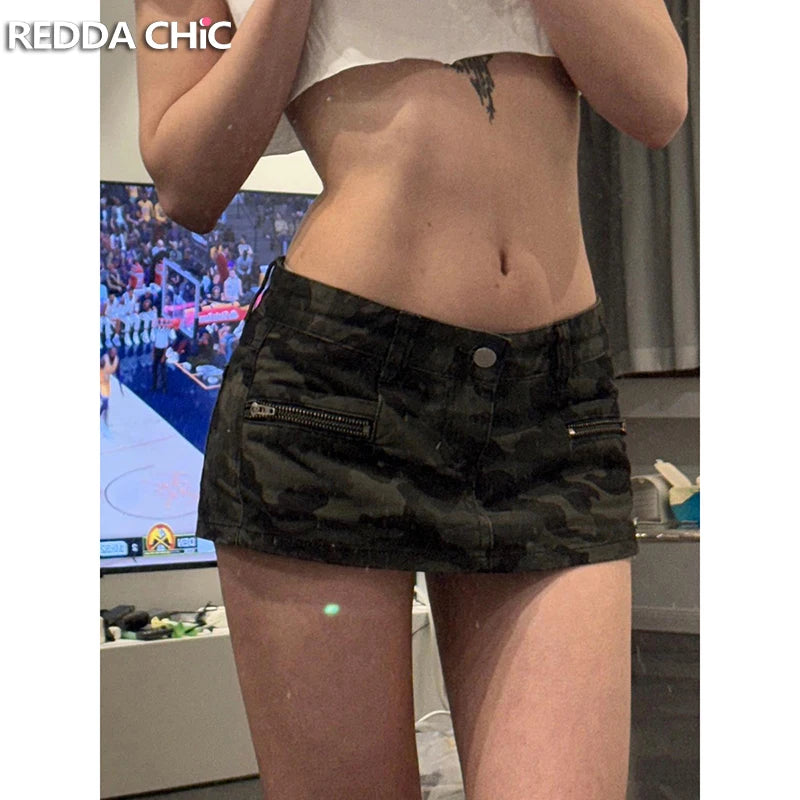 ReddaChic Y2K Camouflage Denim Skorts – Low Waist