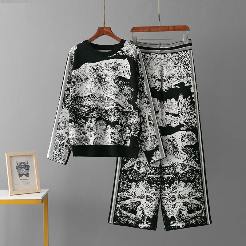 Women’s Knit Animal Print 2-Piece Set - Wide Leg Pants & Sweater