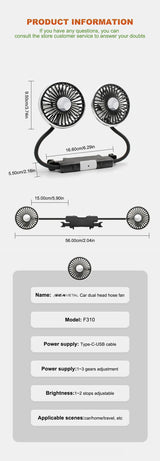 SEAMETAL Dual-Head USB Car Fan | 3-Speed 360° Cooling