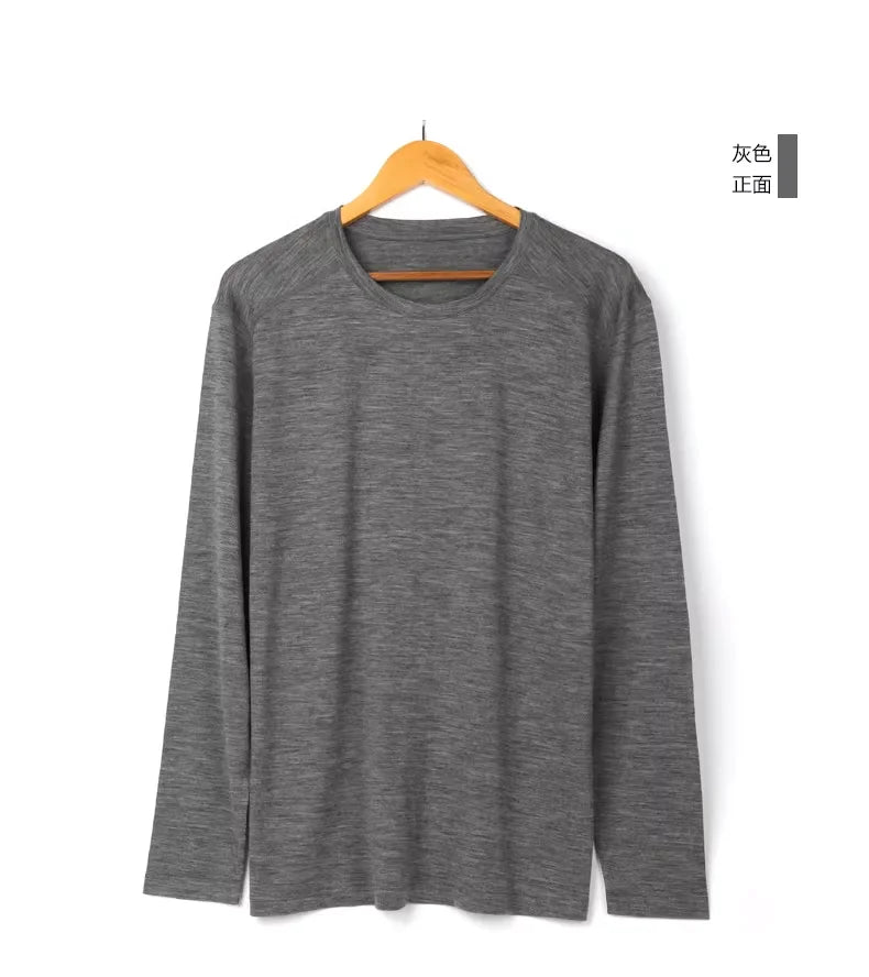 Men's 100% Merino Wool Thermal Long Sleeve T-Shirt Base Layer Breathable Wicking Anti-Odor Underwear for Outdoor Activities