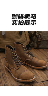 KOWM Hiking shoes men's walking boots British cowhide high top motorcycle boots ankle casual sneakers trekking shoes thick soled