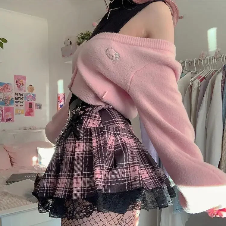 Pink Plaid Y2K Pleated Mini Skirt with Lace Trim