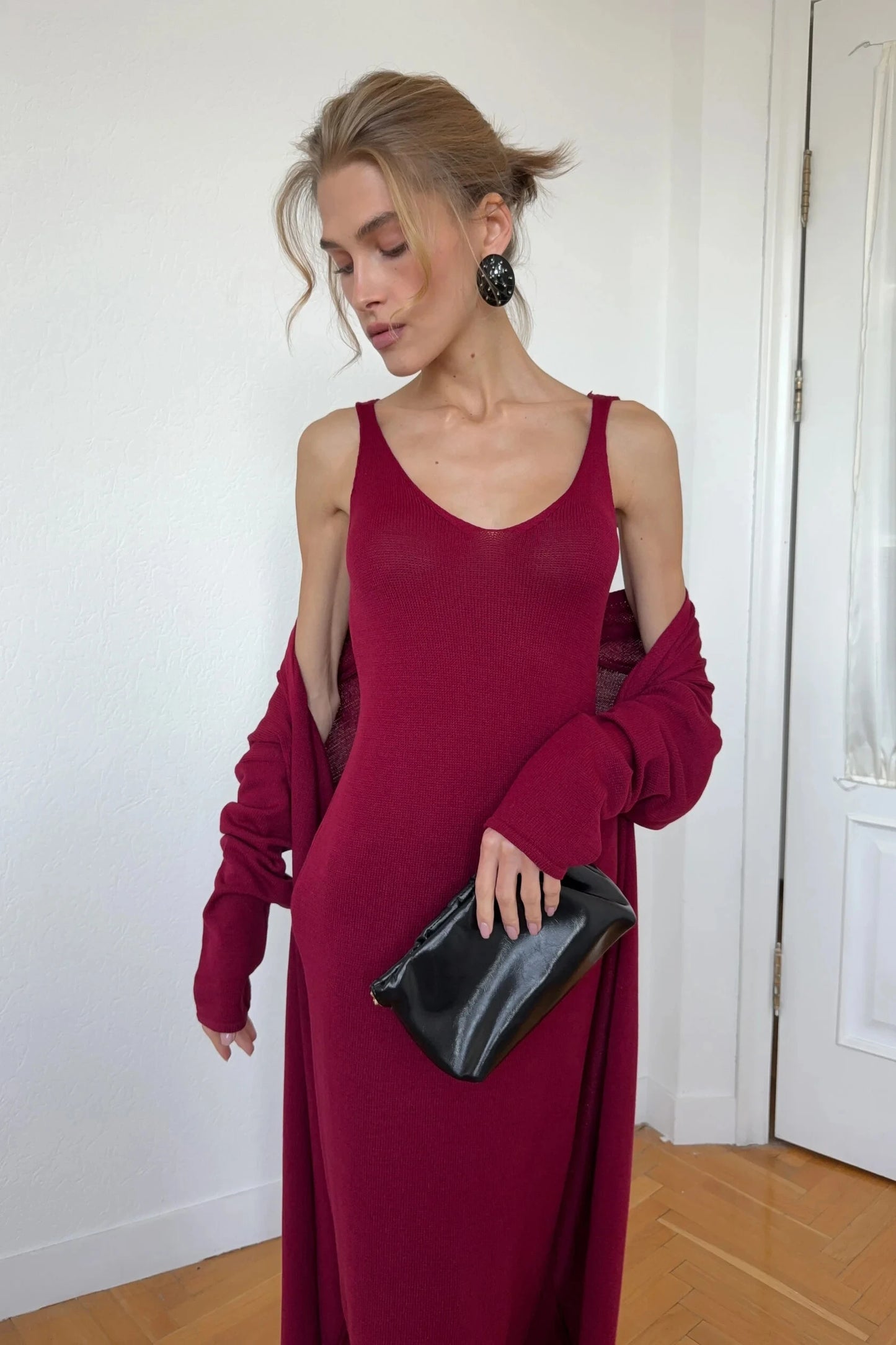 Hirsionsan Soft Loose Sets Women Two Pieces Long Sleeve Cardigan & Vest Dresses Elegant Female Hollow Outfits Cotton Tracksuit