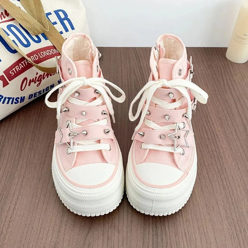 Women's High-Top Canvas Platform Sneakers — Rivet Buckle Lace-Up