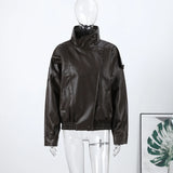 2026 Autumn Women's Faux Leather Jacket Brown Black Long Sleeve Stand Collar Thick Loose Lady Coat Fashion Motorcycle Streetwear