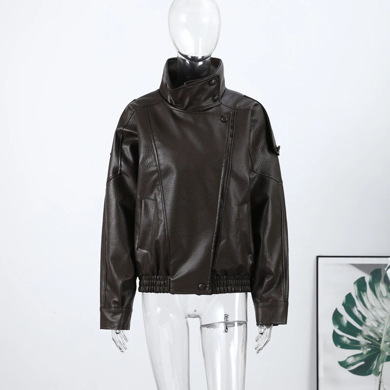 2026 Autumn Women's Faux Leather Jacket Brown Black Long Sleeve Stand Collar Thick Loose Lady Coat Fashion Motorcycle Streetwear