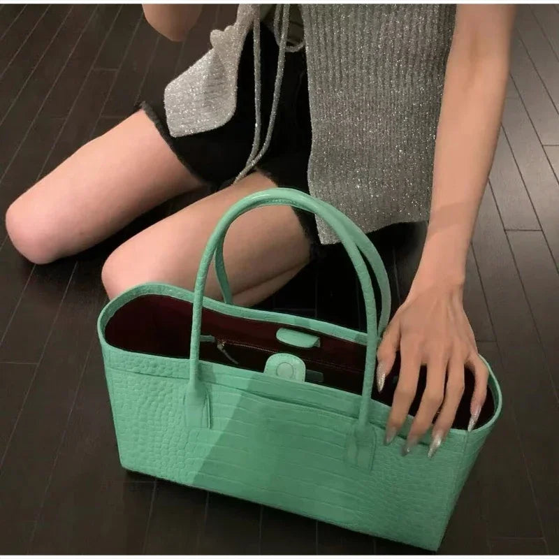 Crocodile Grain Embossed Top Handle Handbag,Luxury Tote Bag,Commute Work Chic Everyday Women Underarm Shoulder Bag,Black,Green
