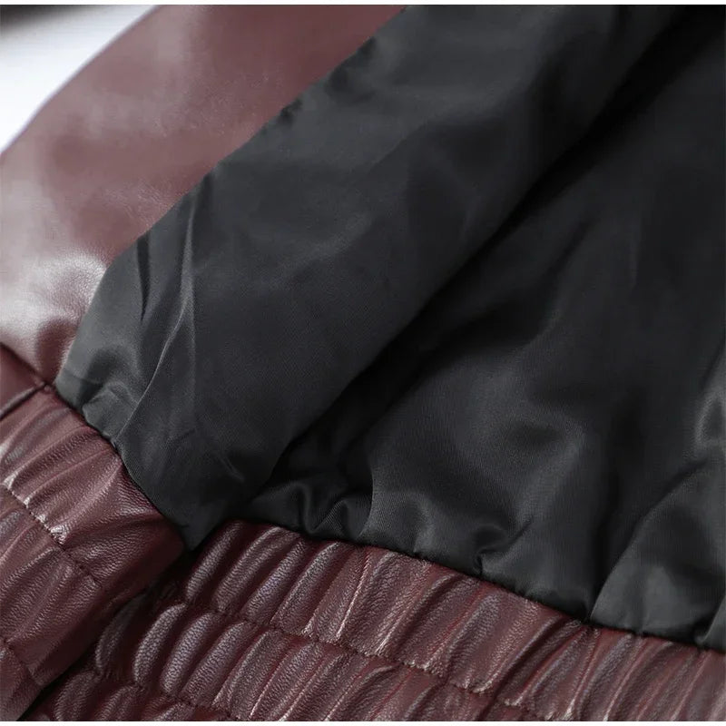 Vintage Wine Red Loose Short Leather Jacket Women Fashion Lapel Long Sleeves Zipper Cropped Coat 2025 Autumn Lady Street Outwear