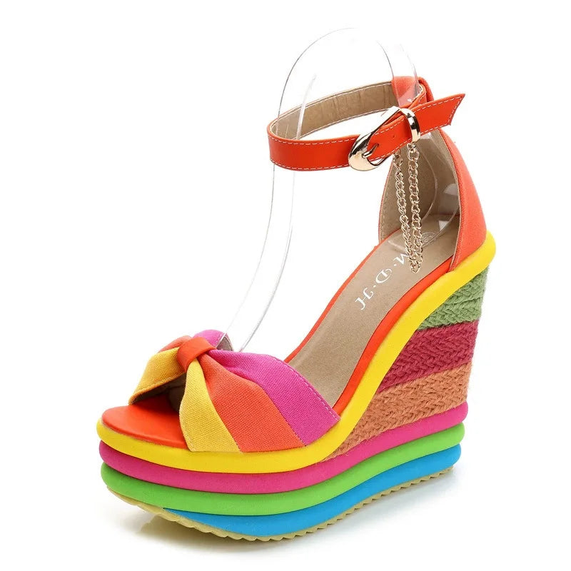 Women's Wide-Size Wedge Platform Sandals — Colorful Buckle Strap Gladiator