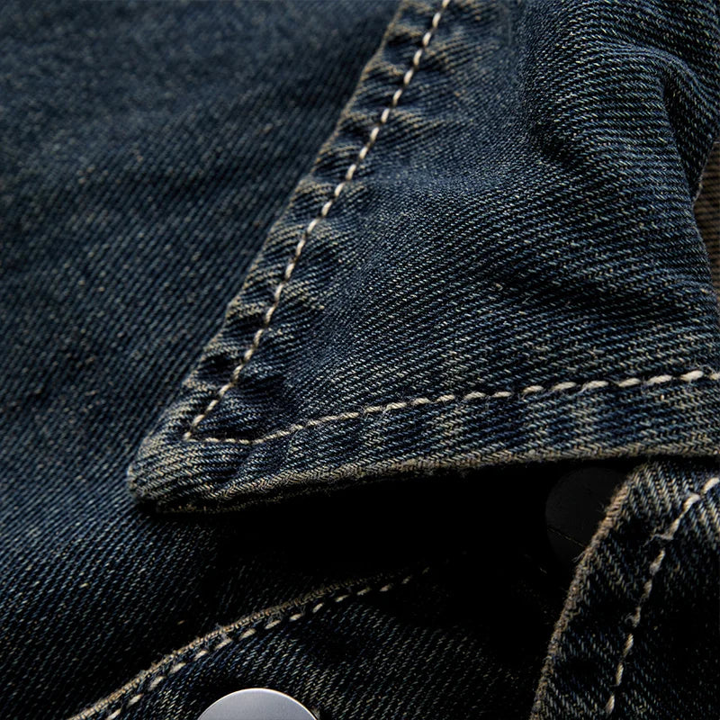 Heavy duty washed denim jacket for men vintage blue lapel long sleeved shirt style jacket casual and loose outer wear