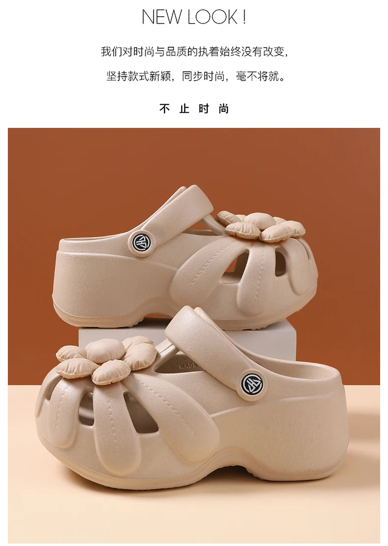 Women's Platform Clog Sandals with Flower Decor — EVA Wedge Beach Shoes