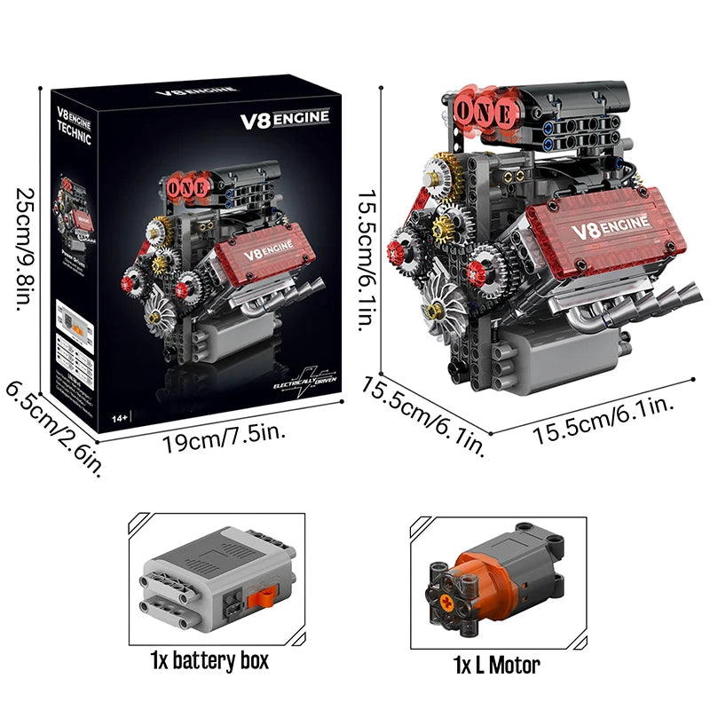 V8 Engine Motorized Simulation Brick Model Electrically Drive Building Blocks Technical Car Parts Creative Toys Gifts Adult