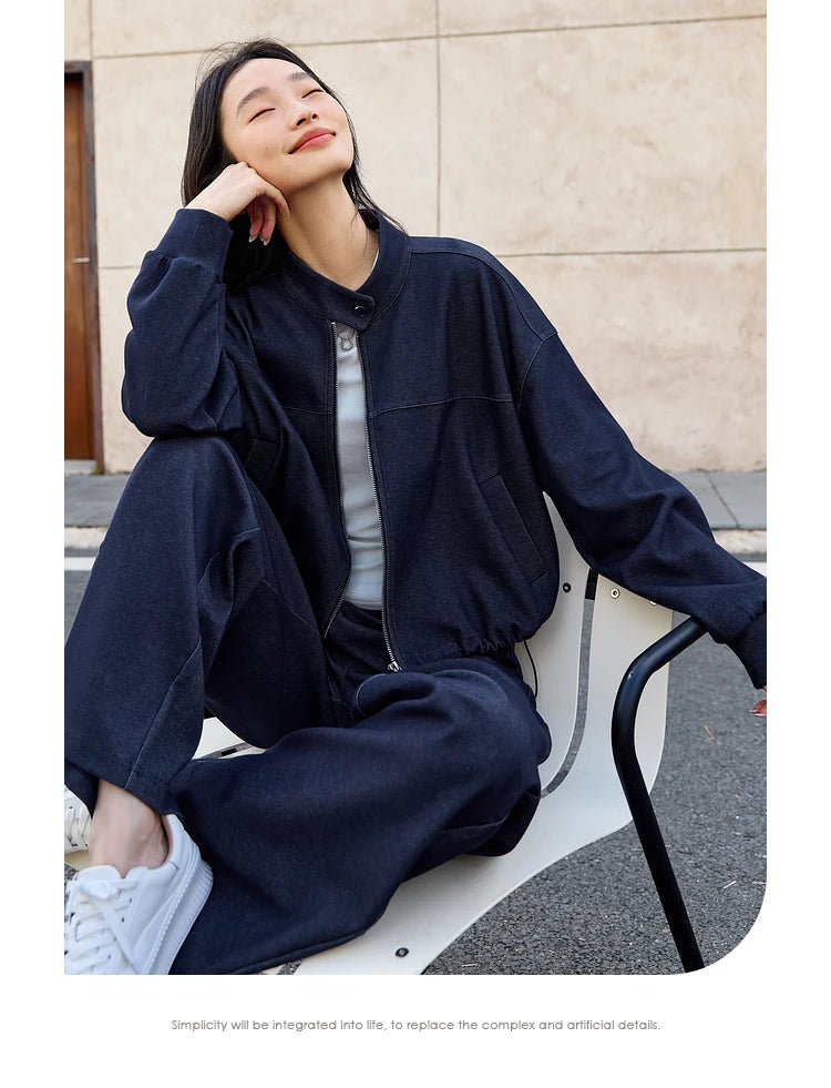 VIMLY 2 Piece Pant Set Woman Casual Outfits Women's Pant Suit 2026 Blue Stand-up Collar Jacket and Trouser Female Clothing A0119
