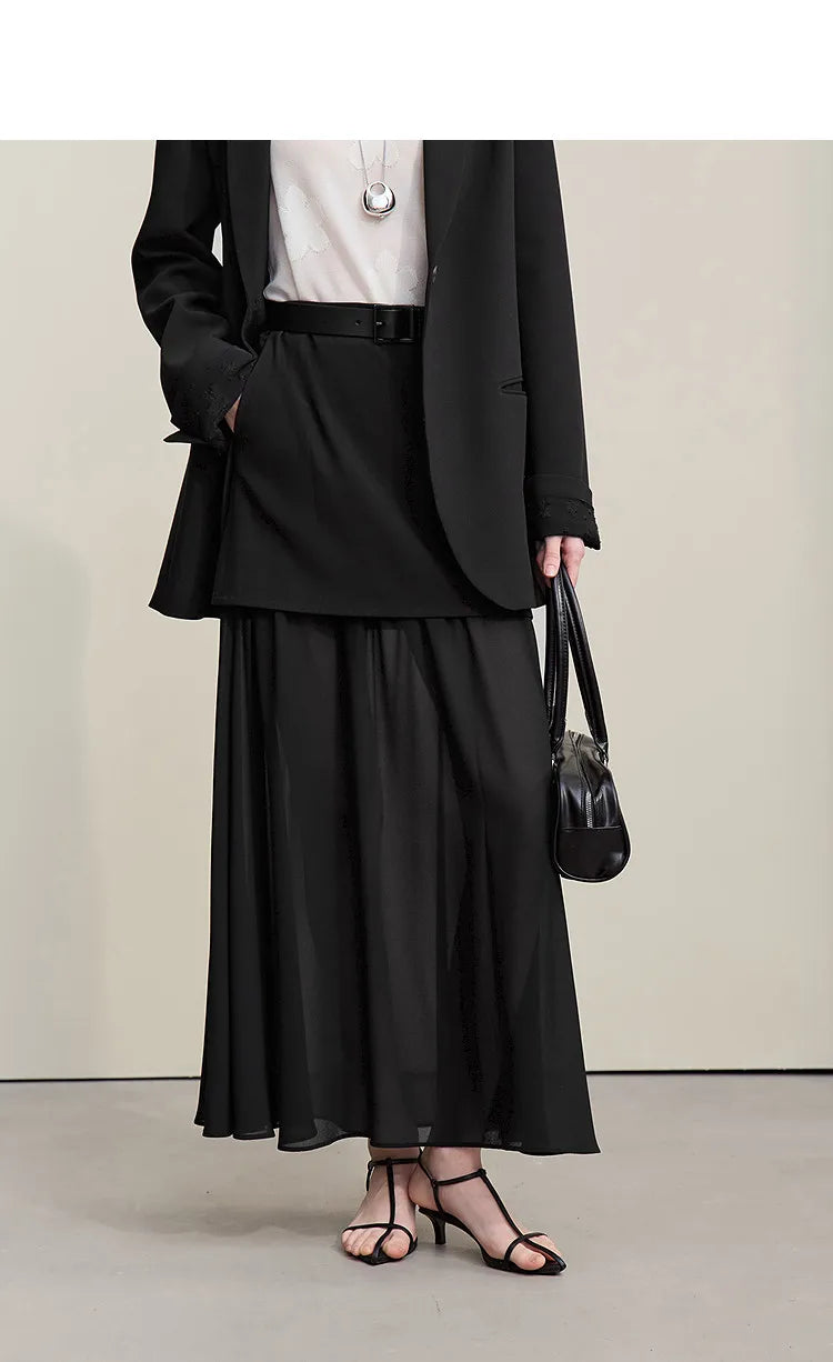 Amii Women's Skirt 2026 Autumn New Elegant Patchwork Chiffon Long Skirt Solid Color Straight Versatile Woman Clothes 12641047