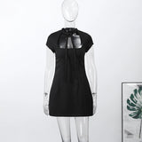 Fashion Polka Dot Mini Dress For Women Elegant Bow Tie Neck Short Sleeve Waist Slim Dress Lady 2026 Spring Summer Chic Vestidos