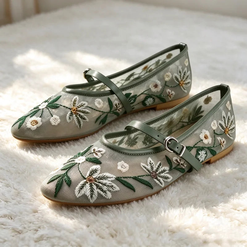 Women's Floral Mesh Mary Jane Flats