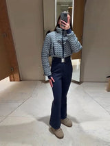 Elegant Geometric Print Ski Jumpsuit - High-Waist Winter Romper