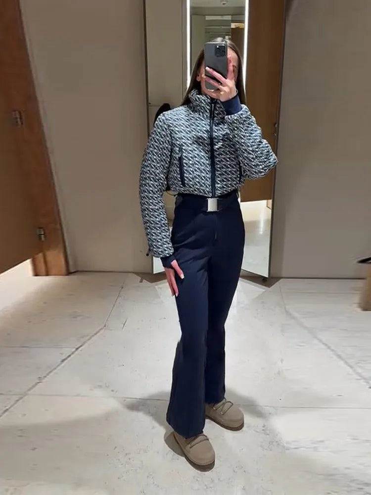 Elegant Geometric Print Ski Jumpsuit - High-Waist Winter Romper