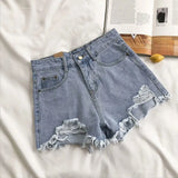 Women's High-Waist Y2K Ripped Denim Shorts – Distressed Tassel Jean Cut-Offs