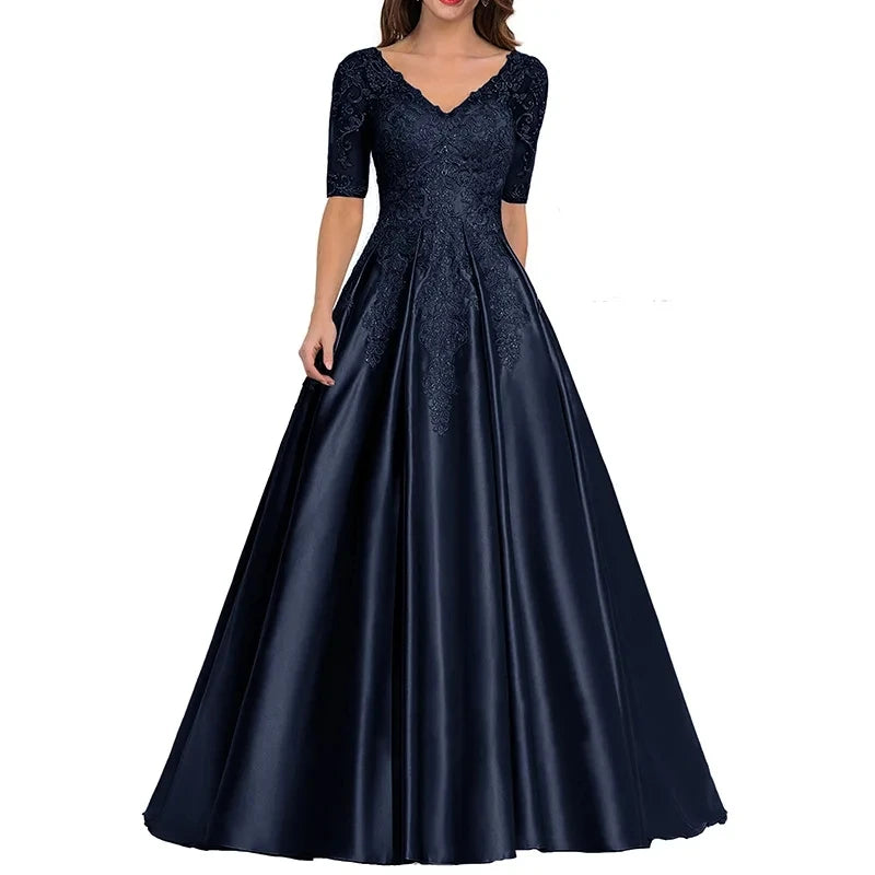 A Line Women Evening Dresses Satin Appliques V Neck Prom Party Gowns Formal Occasion robes de soirée