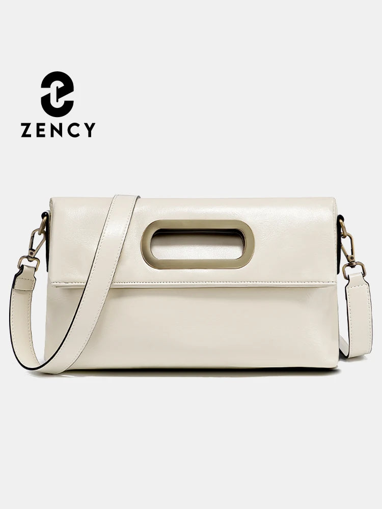 Zency Vintage Genuine Leather Handbag for Women Large Capacity Brown Crossbody Designer Shoulder Bag 2026 Summer Beige Sac Bolsa