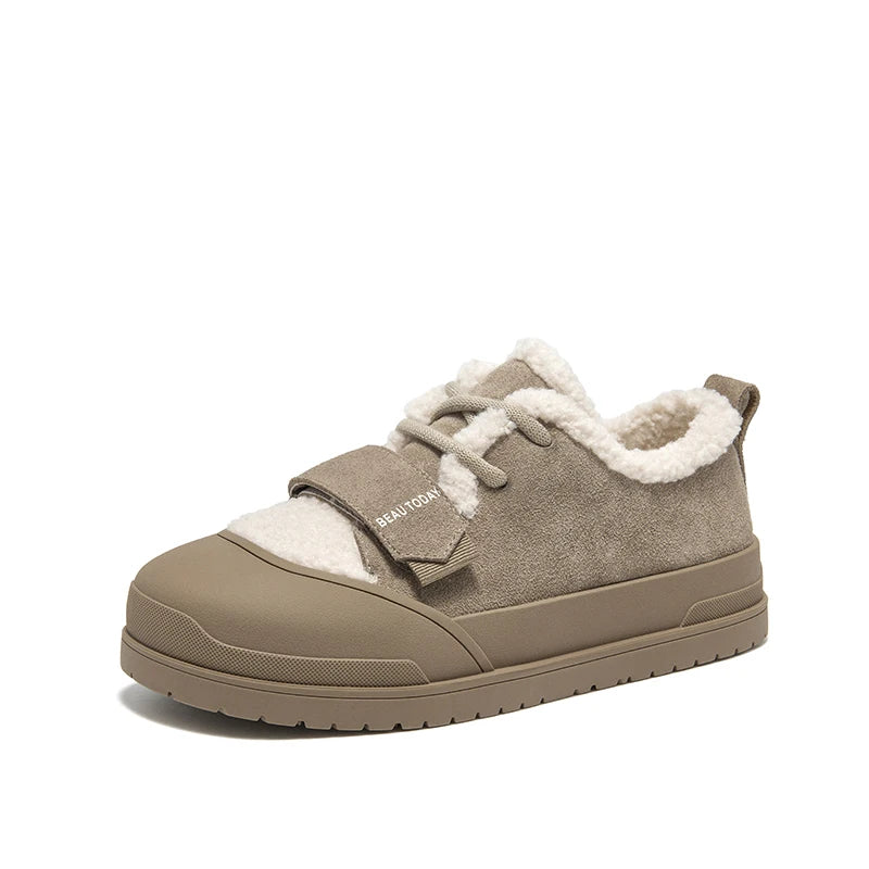 BeauToday Furry Flats Women | Cow Suede Warm Shoes